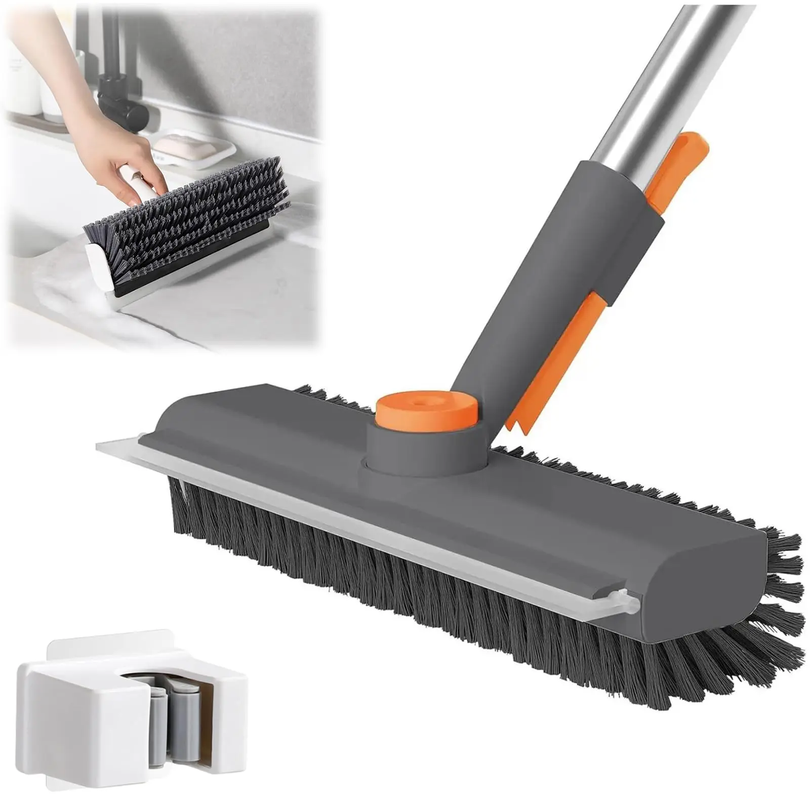 2pcs Floor Scrub Brush with Long Handle - 3-in-1 Scrape & Heavy-Duty Stiff Bristle Scrubber for Shower, Garage, Deck Cleaning (Gray)