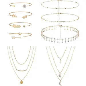 FINREZIO 13 Pcs Golden Silvery Glamorous Statement Jewelry Set for Women Men Fashionable Layered Necklaces Adjustable Cuff Bracelets with Unique Designs Durable Fashion Alloy Jewelry Set Ideal Gift for Birthday Anniversary Holiday
