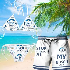 Vintage Busch Light Print Drinking Swimwear Set String Bikini Beach Shorts ZIZ