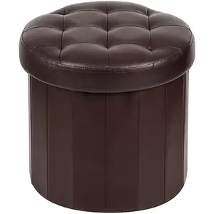 (R) Folding Storage Ottoman Round 14" x 14" x 13"Inch, Foot Stool with Thicker  Padded Seat Small Leather Storage Ottoman Bench Foot Rest for Living Room Foldable Coffee Table,Brown