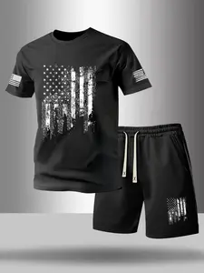 Men's Summer 2-Piece Set Flag Pattern Print Round Neck T-Shirt + Outdoor Sports Casual Drawstring Shorts