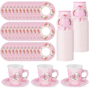 100 Pcs Disposable Tea Party Decorations 9 oz Floral Paper Cup with Handle and Saucer Set for Mother Day Wedding Birthday Spring Princess Blossom Party  Shower Supplies(Pink)