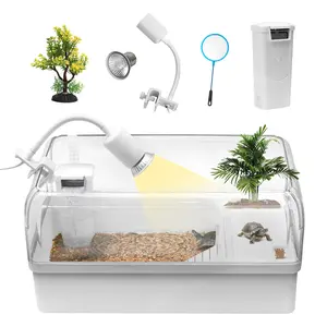 Turtle Tank Habitat Kit Aquatic Tortoise Enclosure Starter Aquarium With Multi-function Area Hideout Uv Basking Platform Light Water Filter Fish Net Drainage Plant For Reptile Crab