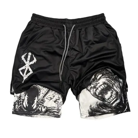 Men's Berserk Double-Layer Performance Shorts with Adjustable Straps, Anime Berserk Art, for Summer Beach & Fitness Training