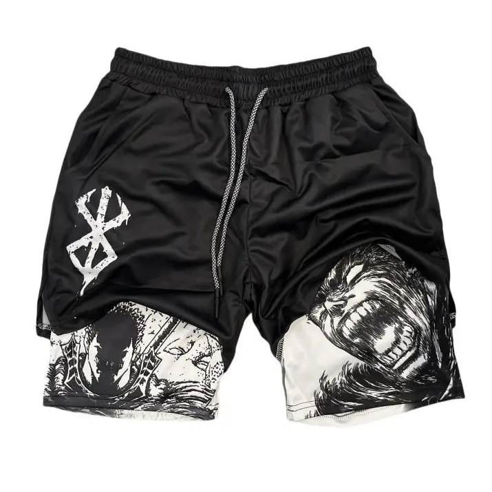 Men's Berserk Double-Layer Performance Shorts with Adjustable Straps, Anime Berserk Art, for Summer Beach & Fitness Training