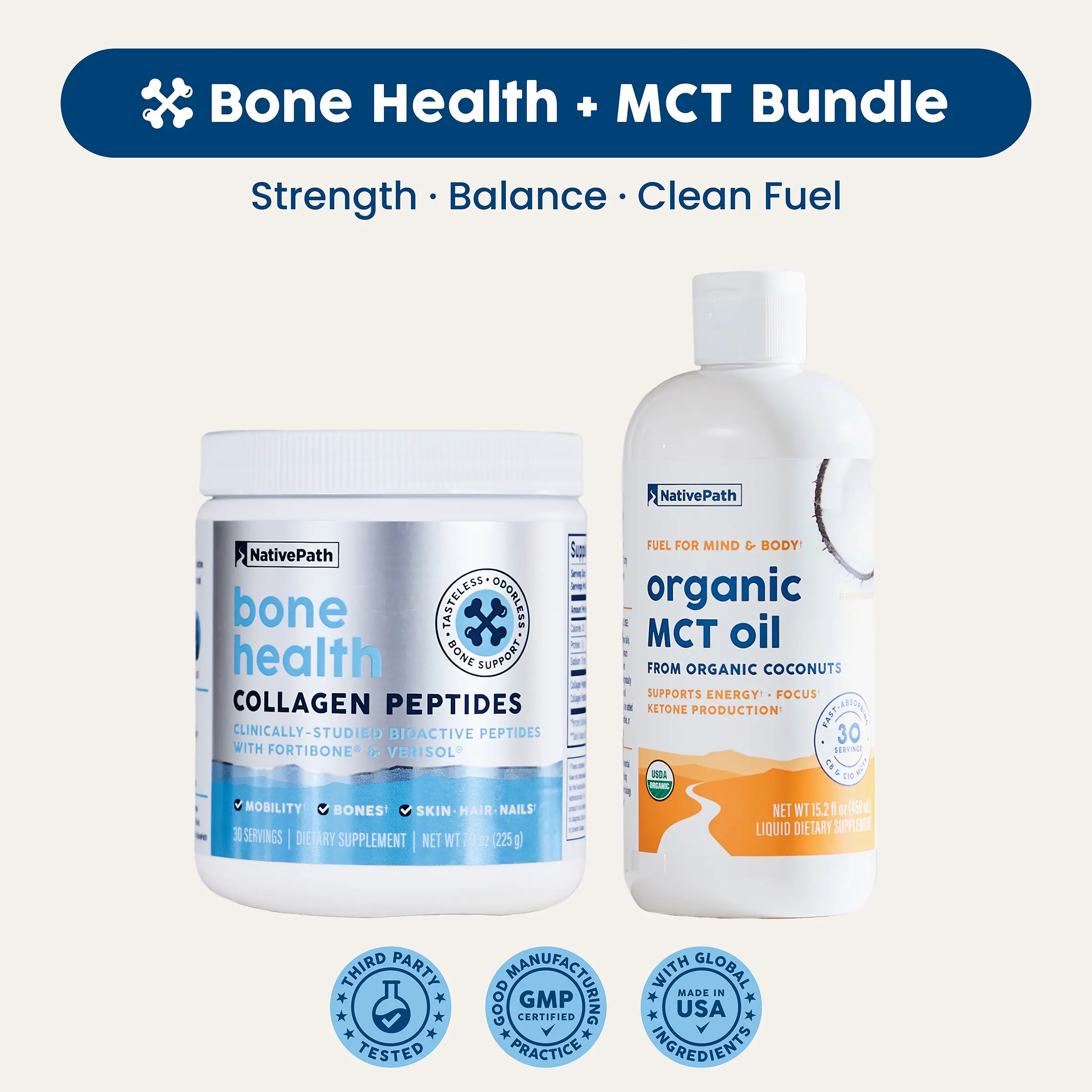 NativePath Bone Health & MCT Bundle - Grass-Fed Collagen with FORTIBONE & VERISOL + Organic MCT Oil - Complete Bone, Joint & Energy Support - 30 Servings