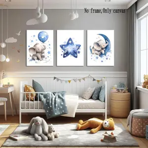 3pcs Blue Elephant Moon Star Print Wall Art Painting, Cute Animal Baby Poster, Children Bedroom Decor, Kids Room Decoration