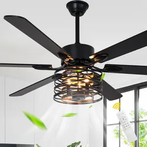 65" Industrial Caged Ceiling Fan Matte Black with Geometric Decor Lampshade, 6 Speeds DC Motor Fan with Light Kit for Large Spaces