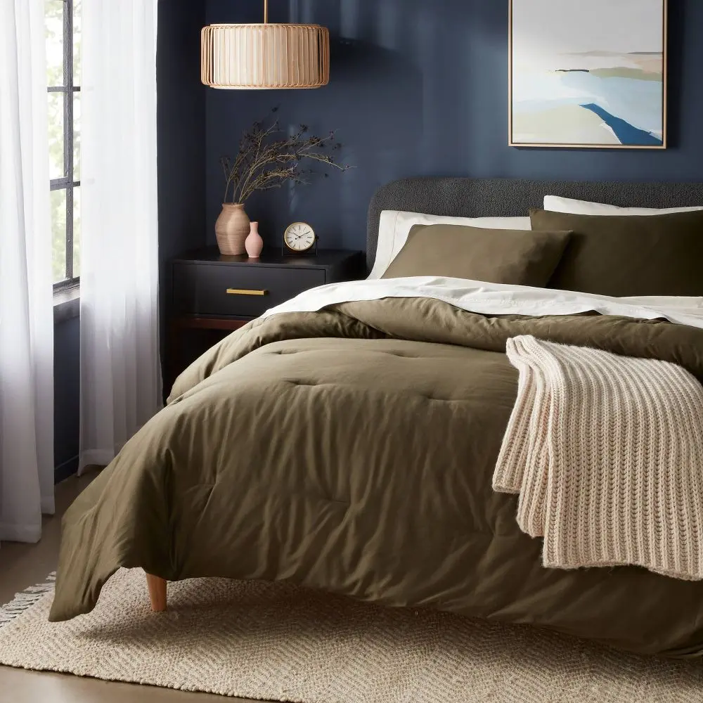 Threshold Full/Queen Washed Cotton Sateen Bedding Set - 250 Thread Count, OEKO-TEX Certified, Dark Olive Green Queen Comforter and Sham Set, Bedding Sets, Queen Comforter Set