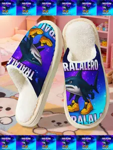 Shark Tralalero Print House Shoes, Unisex Indoor Slippers, Multi-Color, Couples' Style, Cozy Fall Winter Footwear, Comfortable Cartoon Design