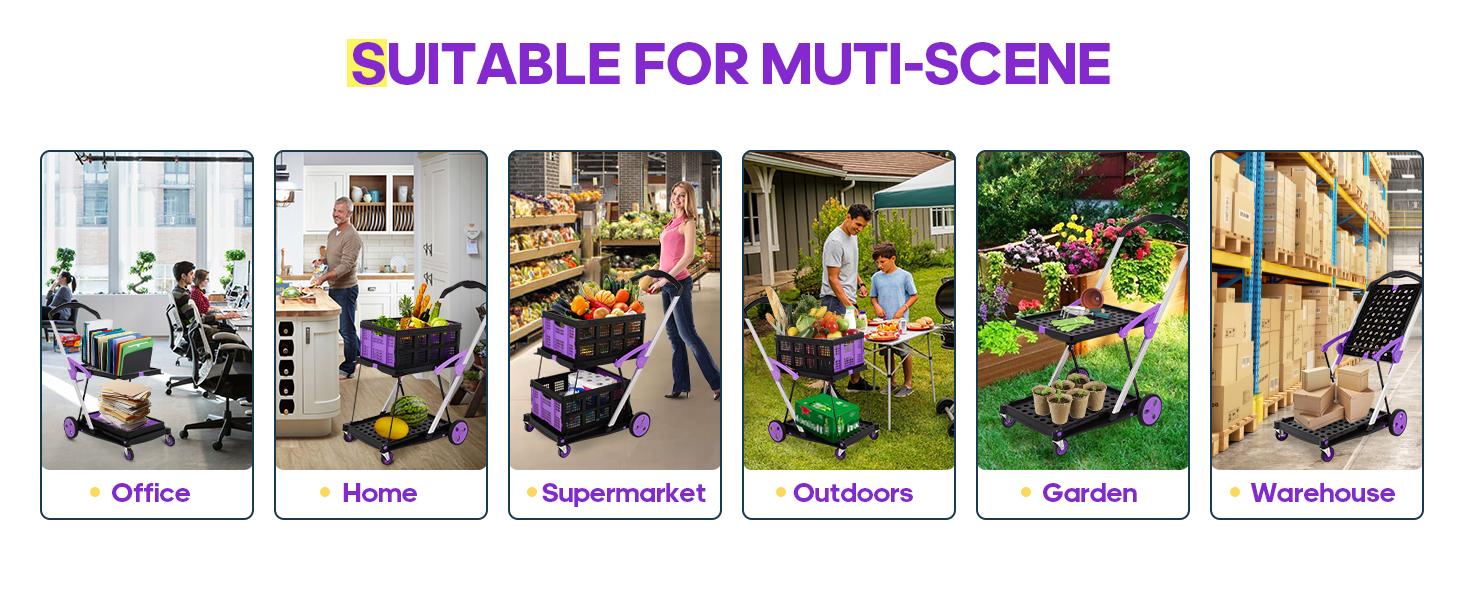 SCITOO Multi-Use Functional Collapsible Trolley with Transport Wheels, Removable Storage Crate - 2 Crates Included, Adjustable Lightweight Purple Cart for Home, Grocery - Convenience & Stockup Solution