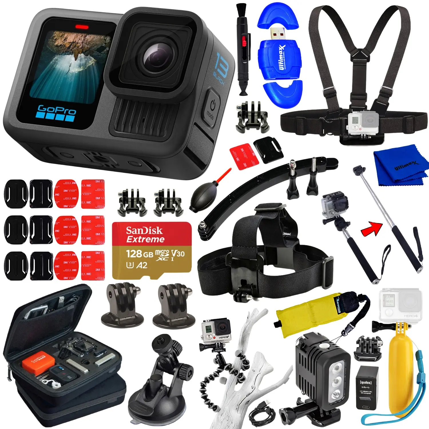 GoPro HERO13 Black + SanDisk 128GB, Underwater LED Light, 8 Gripster Tripod, Mini Suction Cup, , Case & More (20pc Bundle)