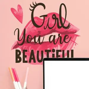 1PC "You are beautiful" fashion trend text and sexy red lips wall sticker suitable for home decoration outdoor decoration glass decoration cultural and artistic atmosphere decoration, removable wall sticker, peel and stick