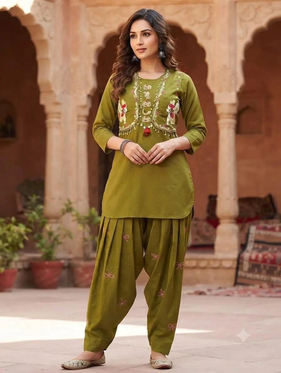 Mehndi Green Cotton Coord Set - Embroidered Kurti and Patiala Salwar