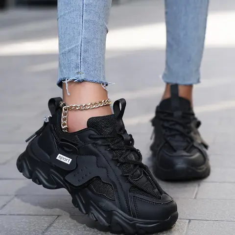 Spring New Fashion Casual Trendy Sneakers Women's PU Leather Mesh Breathable Dad Sneakers Lace Up Sneaker Thick Sole Height Increasing Sporty Style All Seasons, Platform Chunky Sneakers Sports Shoes Fashionable Casual Sneakers