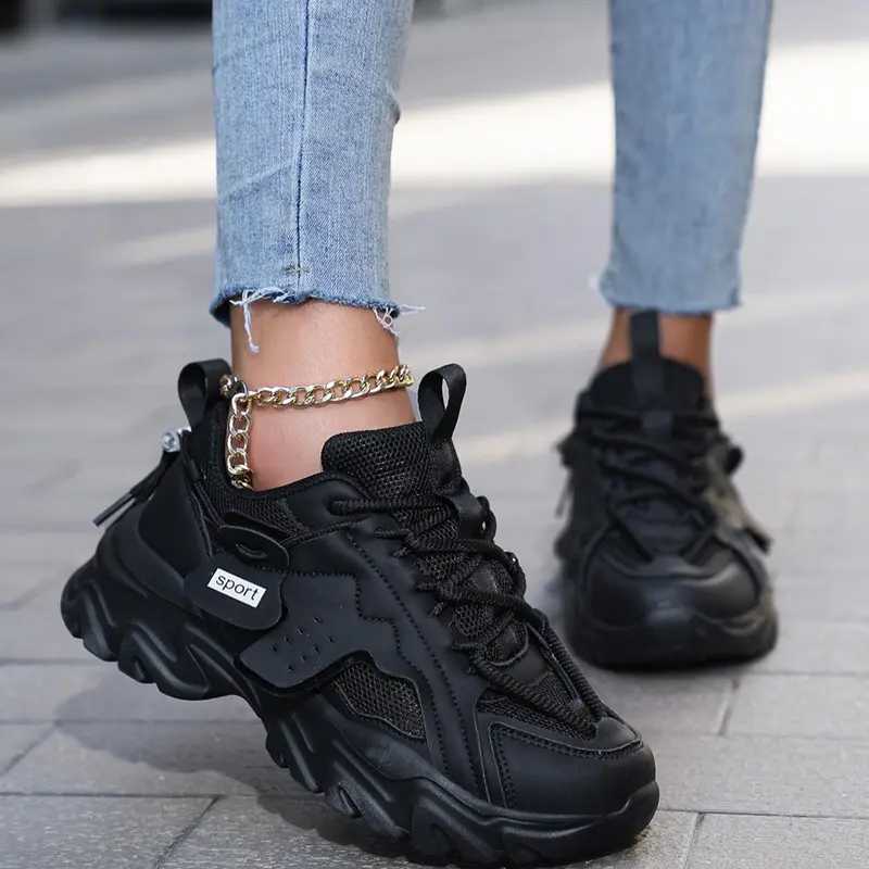 Spring New Fashion Casual Trendy Sneakers Women's PU Leather Mesh Breathable Dad Sneakers Lace Up Sneaker Thick Sole Height Increasing Sporty Style All Seasons, Platform Chunky Sneakers Sports Shoes Fashionable Casual Sneakers