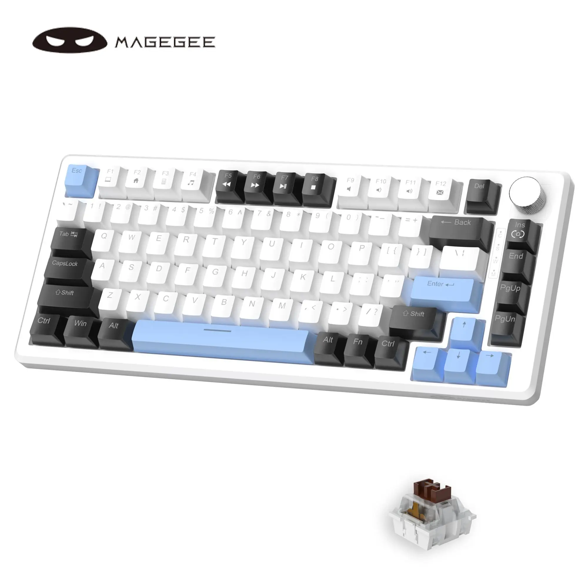 MageGee MK-STAR75 Mechanical Gaming Keyboard with Knob Control, Blue Backlit Wired Gaming Keyboard, EVA Silent Portable Keyboard for PC Computers