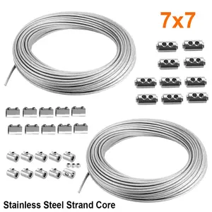 393.7inch Wire Rope 304 Stainless Steel Cable Aircraft Cable 1.2/1.5/2.0mm Wire Rope With Buckle Clip 7x7 Stainless Steel Strand Core And Double Barrel Ferrule Perfect For Outdoor Hanging, Clothes Line Wires, Garden Fence Tarnish Free Rope Tension Rope St