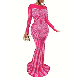 Rhinestone Mesh 2025 Long Sleeve Maxi Dress-Elegant Sheer Mesh Bodycon Fit with Rhinestone Detail for Women,Perfect for Formal Crewneck Sparkle Fabric