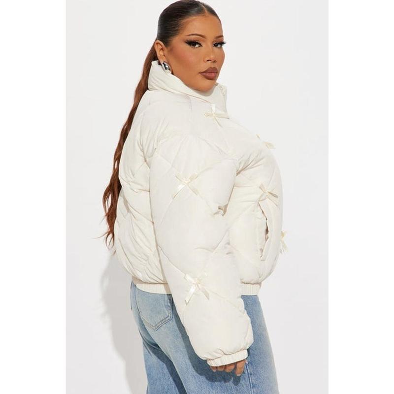 Cuteness Overload Bow Nylon Puffer Jacket - Cream H