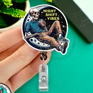 NataliaMade Funny Retail  Night Shift Crew Badge Reel- Skeleton Crew ID Badge Holder for Retail Staff, Third Shift ID Name Badge Pull