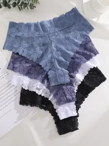 Women Floral Lace Panties Set, Comfortable Breathable Mid-Waist Thongs, Lace Trim Panty, S-Xxl Sizes Available, Sexy Fitted Everyday Underwear for All Seasons, Elegance, Womenswear