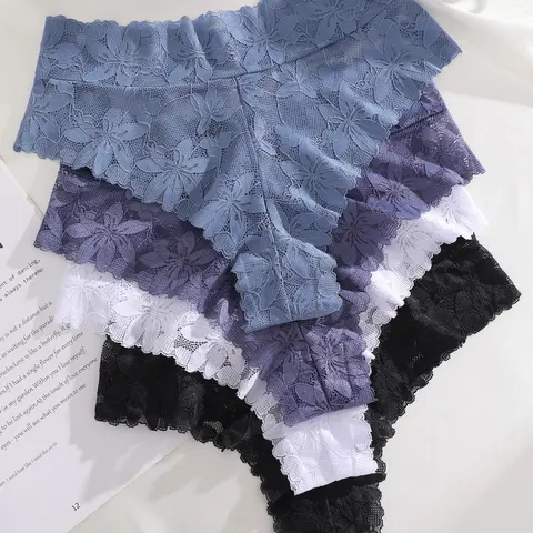 Women Floral Lace Panties Set Print Panties, Comfortable Breathable Mid-Waist Thongs, S-Xxl Sizes Available, Sexy Fitted Underwear for All Seasons