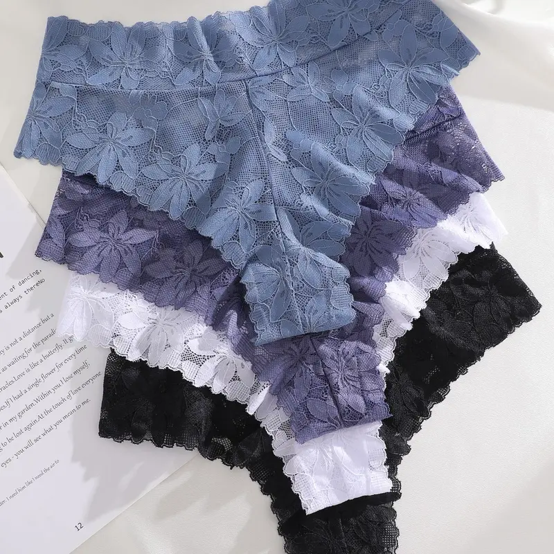 Women Floral Lace Panties Set Print Panties, Comfortable Breathable Mid-Waist Thongs, S-Xxl Sizes Available, Sexy Fitted Underwear for All Seasons