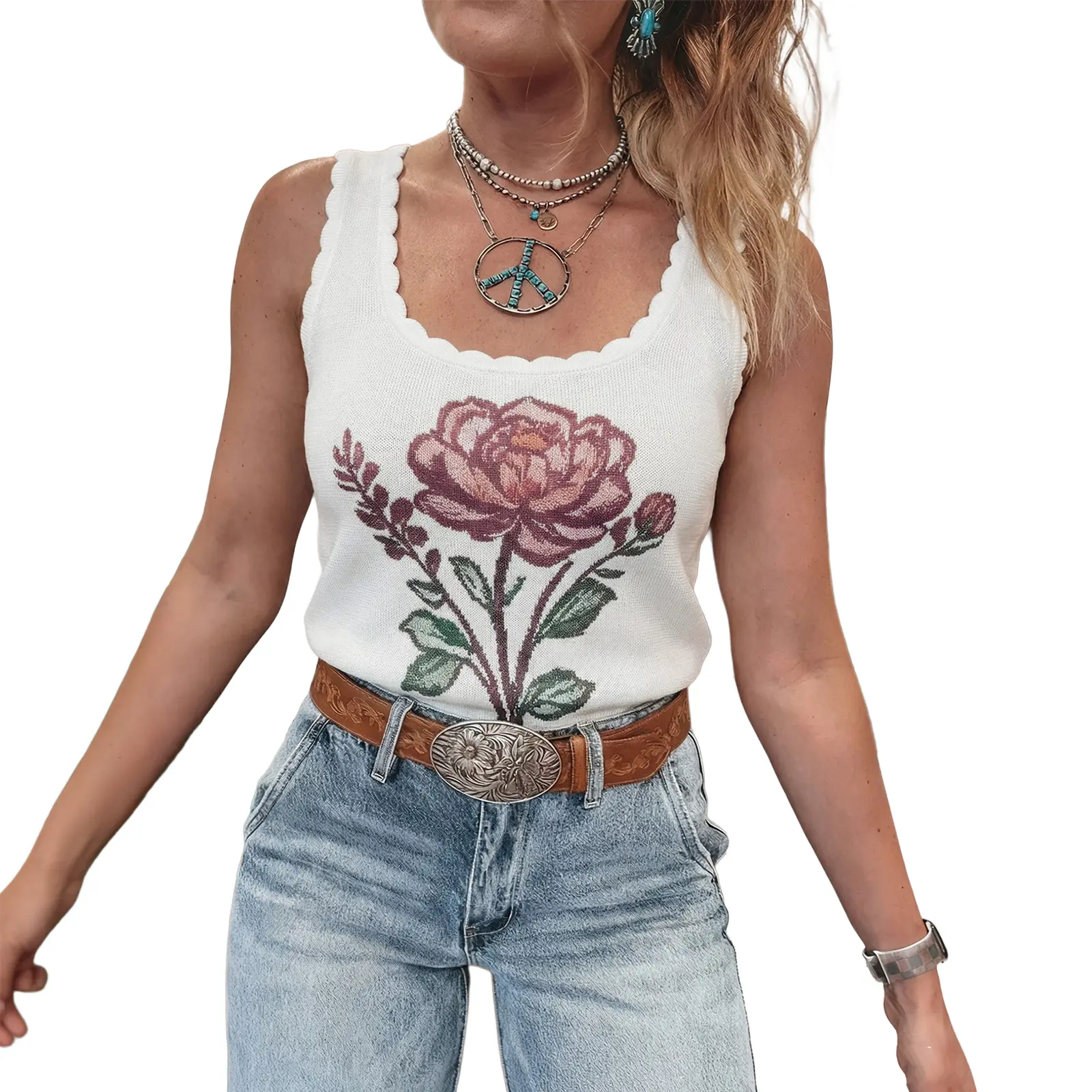 Mntaor Women’s White Retro Floral Print Scalloped Square Neck Knit Sweater Vest –  Perfect for Pairing with Jeans, Skirts or Over Blouses