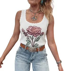 Mntaor Women’s White Retro Floral Print Scalloped Square Neck Knit Sweater Vest –  Perfect for Pairing with Jeans, Skirts or Over Blouses