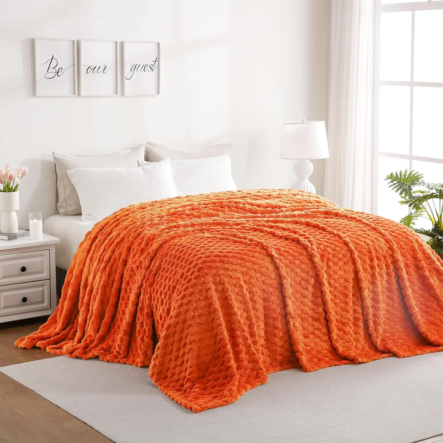 Burnt Orange Hexagon Jacquard Flannel Throw Blanket (120x120 in/10x10 ft), Lightweight Cozy Fuzz-Free Polyester Casual Living Room Blanket for Household, Camping, Lightweight Cozy Blanket, Warmth