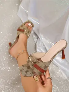 2026 Summer New Retro Printed Pointed Toe Slip-On Sandals for Women, One-Strap High Heel Mules, Elegant Open-Toe Semi-Slip Sandals.