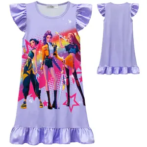 Demon Hunters Kids Purple Nightgown Girls Short Sleeve Cartoon Pajama Dress Lightweight Soft Sleepwear Nightshirt with Ruffle Hem Anime Music Idol Outfit Birthday Gift