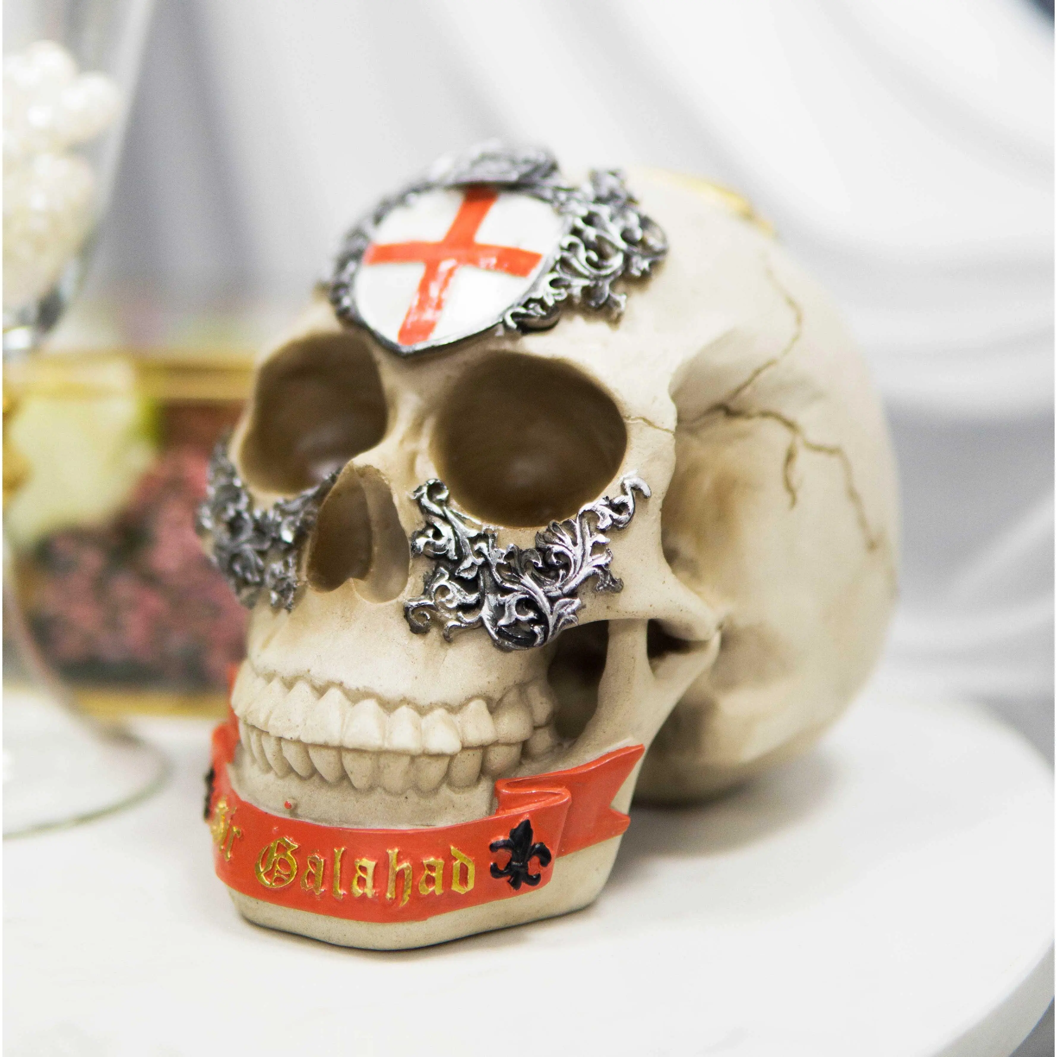 Medieval Aesthetic King Arthur & Roundtable Knights Sir Galahad Holy Grail Cross Skull Polyresin Heraldry Statue, Home Decor Accent, Ideal Gift for Collectors