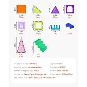VEVOR Magnetic Tiles, 121 PCS Magnetic Building Blocks for Kids, Magnet Building Set with 2 Car Bases 26 Digital Cards, STEM Educational Construction Stacking Toys for Toddlers Boys Girls Aged 5+