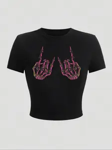 Women's Skeleton Hand Print Round Neck Crop Tee Crewneck, Fashion Casual Streetwear Crew Neck T-shirt for Daily Holiday Vacation Outdoor Wear, Ladies Clothes for Summer, Top, Tshirt, Womenswear