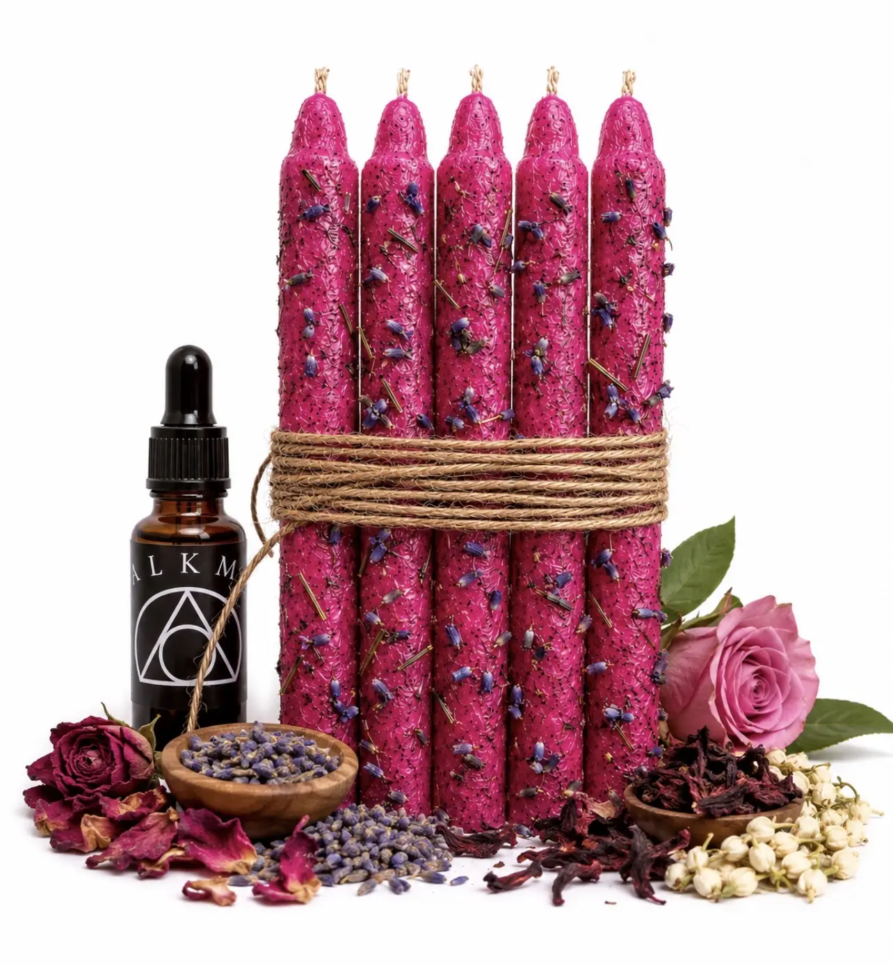 Energy Clearing | Love Spell | Money Spell Ritual Candle  | 5-Pack Bundle | Attraction Chime Candle | 4" Pink Spell Candle | Rose, Hibiscus, Lavender, and Jasmine | Intention Candle