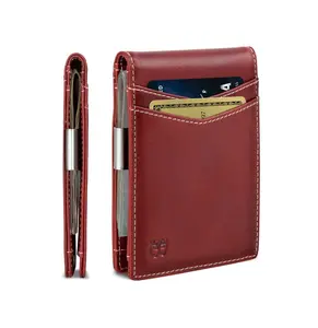 Money Clip Wallet - Mens Wallets slim Front Pocket RFID Blocking Card Holder Minimalist Mini Bifold Full Grain - Ruby Red