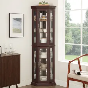 Glass Cabinet Lighted Corner Cabinet Corner Display Curio Cabinet, Glass Display With Light(Included)Bar Cabinet, Wine Cabinet with Adjustable Glass Shelves Carved Decoration Cherry Light(Included)