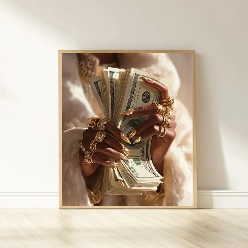 Glam Gold Jewelry Hand Money Poster,  Chic Wealth Decor, Quality Paper 8x12 top 27x40inch