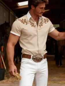High-End Men's Western Style Printed Shirt, Vintage Equestrian Short Sleeve Cardigan, Lightweight Luxury Casual Top, Trendy Fashion Apparel, Casual Summer Style