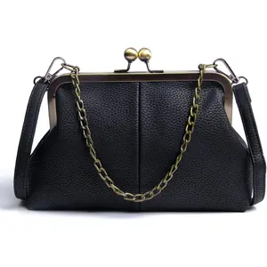 Women Classical Kiss Lock Clutch with Chain Strap  Bag Purse Wallet