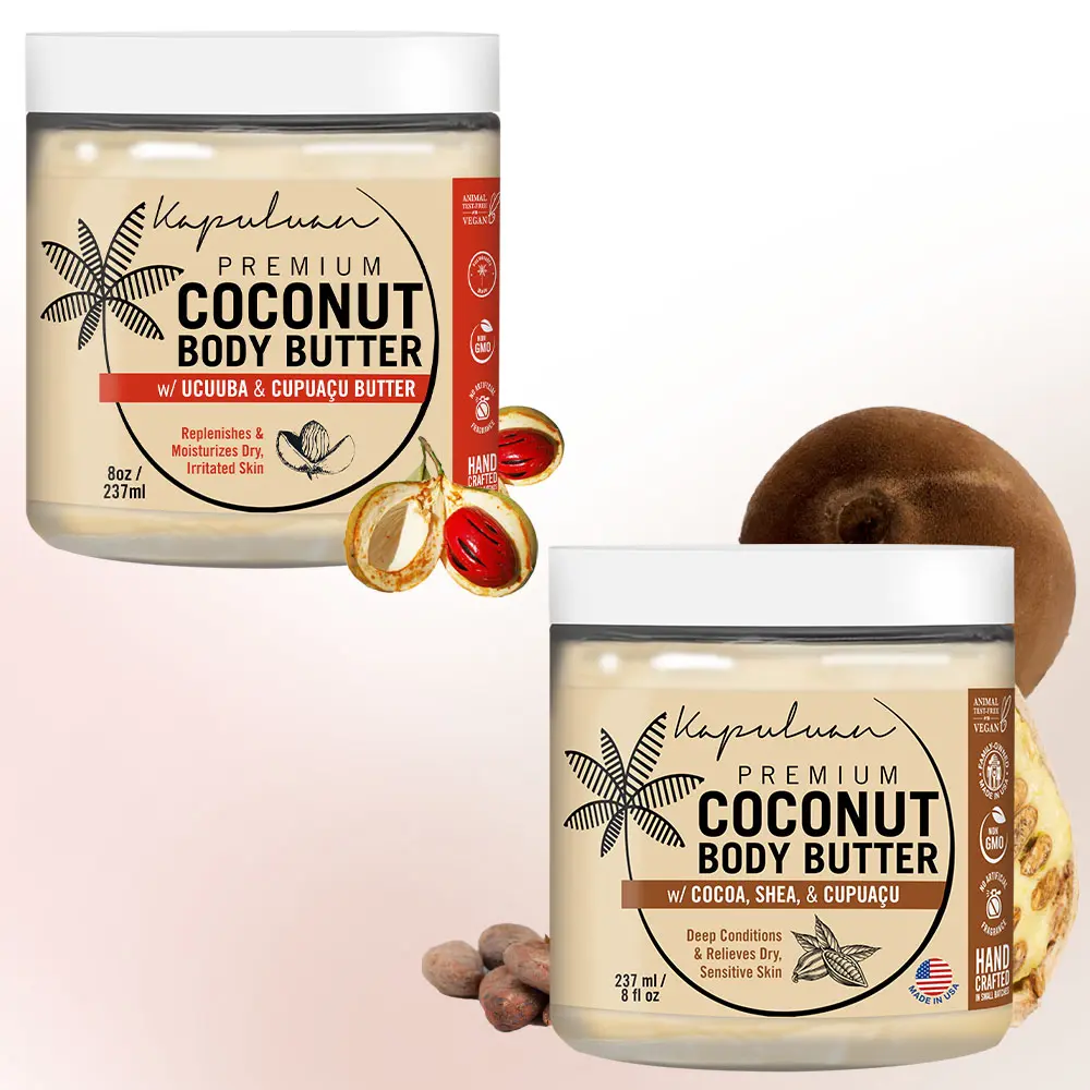 Kapuluan Coconut Body Butter Twin Pack: Cocoa, Shea & Cupuacu for Rejuvenating Moisture + Ucuuba & Cupuacu for Velvet Softness, 8oz Body Care Lotions Hydrating Moisturize