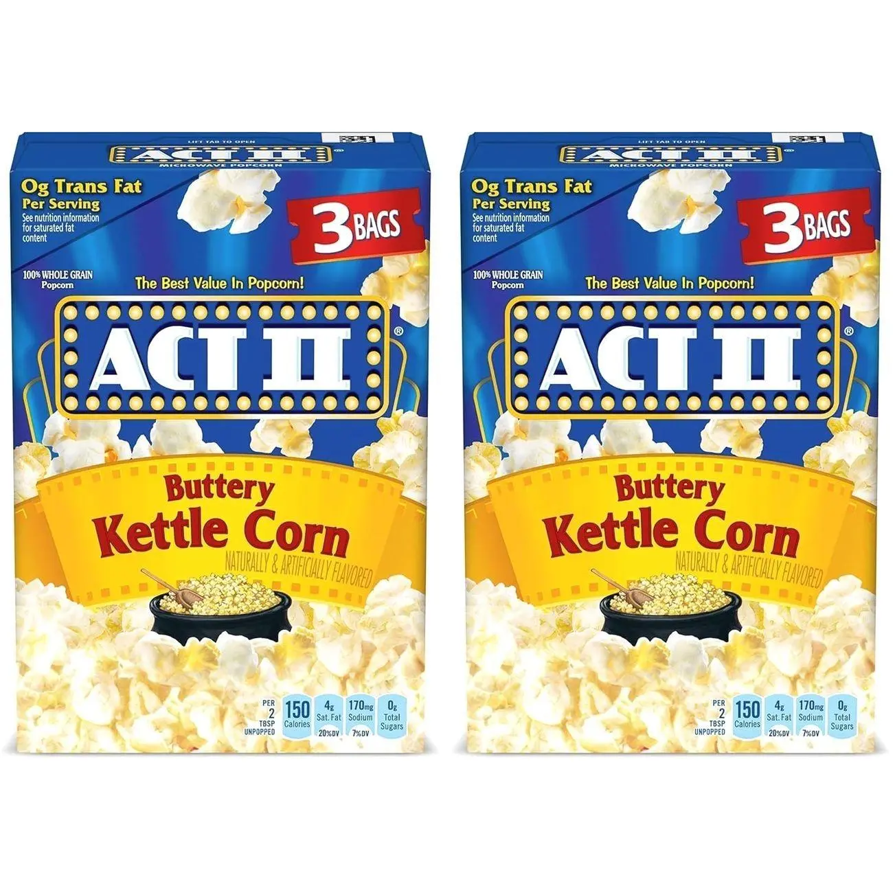 ACT II, Microwave Popcorn, Buttery Kettle Corn, 2.75-oz. Bags, 3 Ct (Pack of 2)