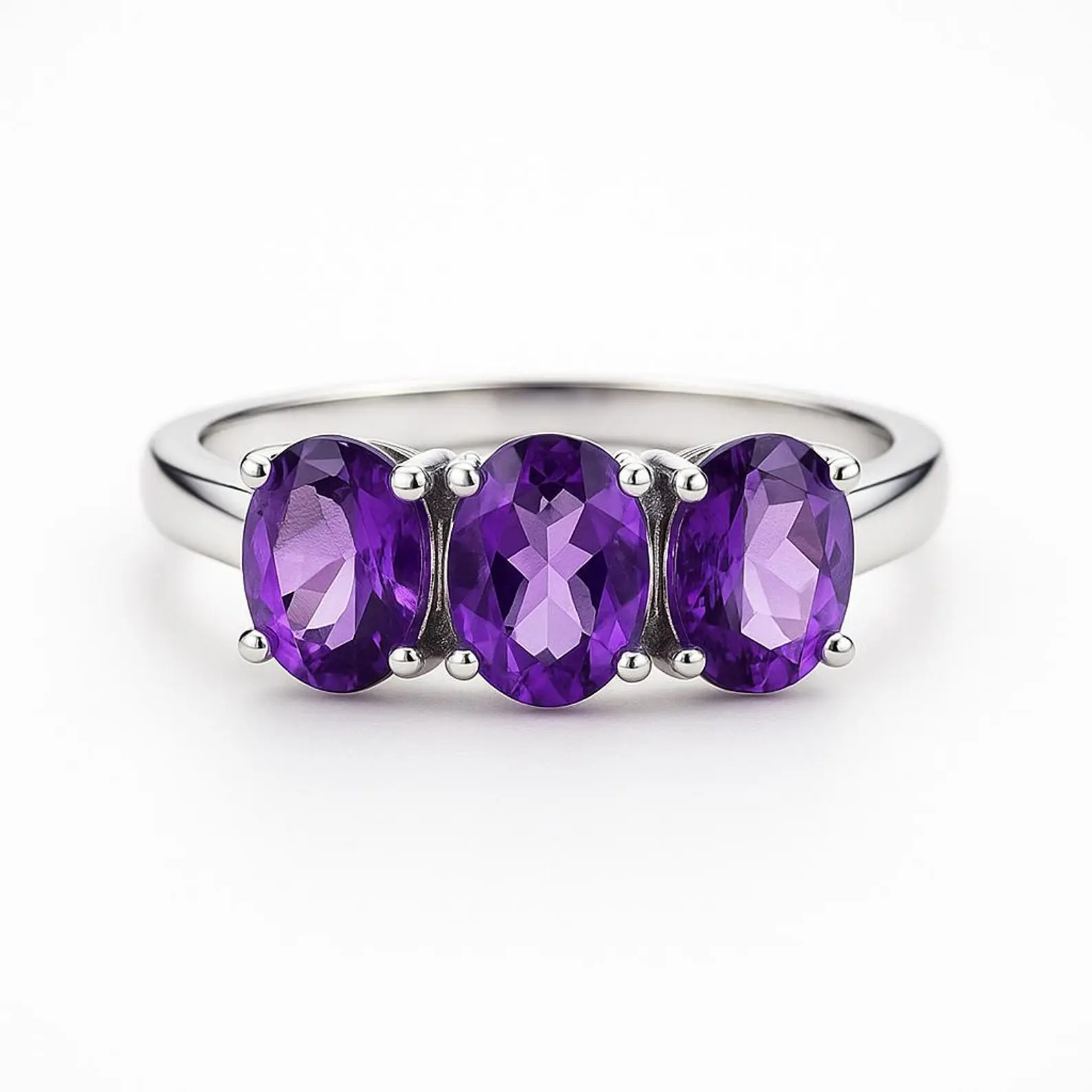 Amethyst Three Stone Ring: Sterling Silver February Birthstone, Size 7