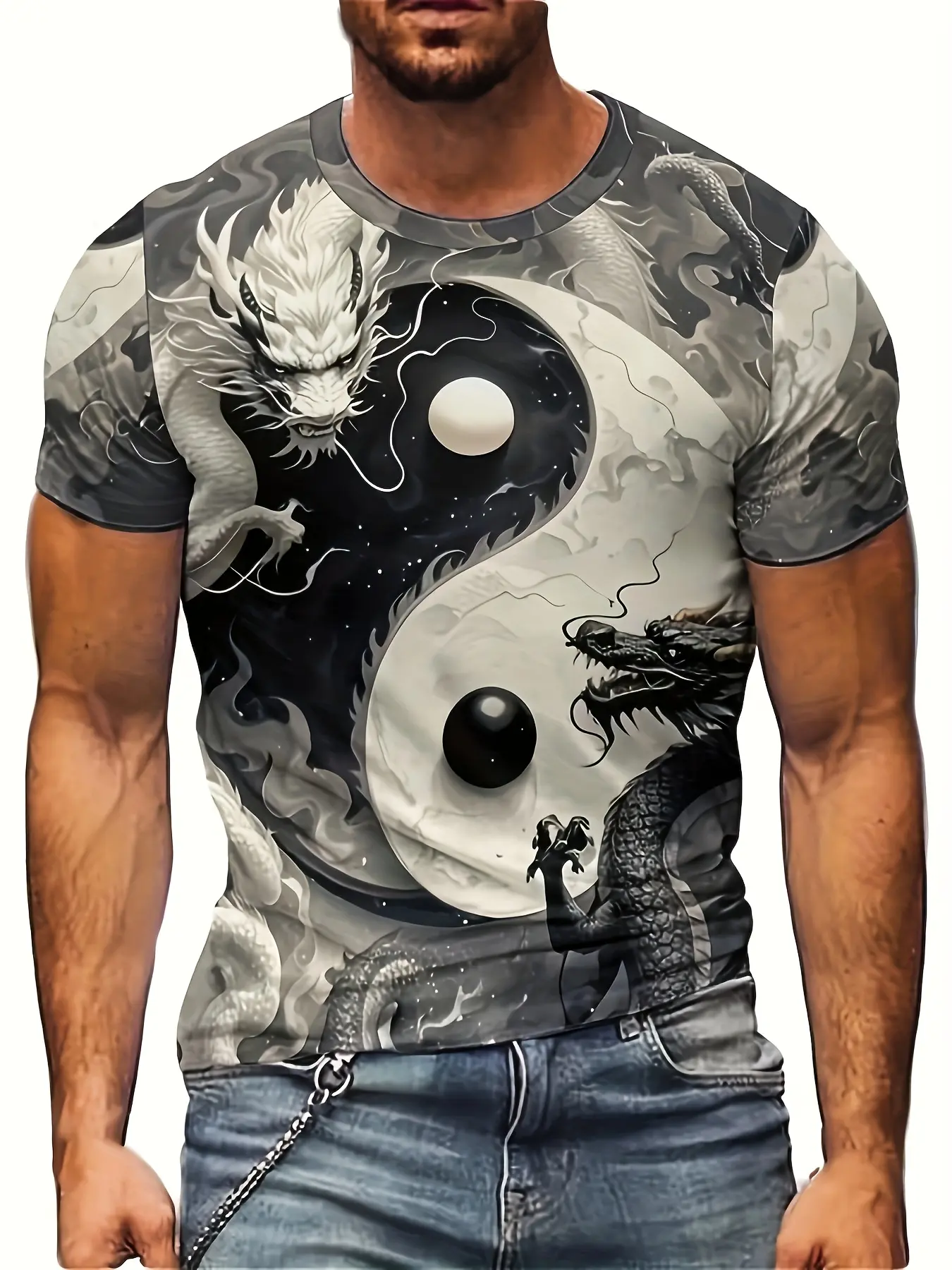 Men'S 3D Dragon Pattern T-Shirt - Soft Polyester Fiber, Short Sleeve Round Neck, Lightweight Summer T-Shirt, Yin Yang And Universe Design, Casual Outdoor Clothing, Casual Summer T-Shirt | Martial Arts Clothing | Smooth Texture