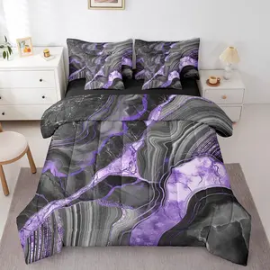 Feelyou 7-Piece Marble Bedding Set - Black Grey & Purple Marble Crack Print, Abstract Metallic Texture, Reversible Boho Fluid Quilt, Bed-in-A-Bag, Bedroom Inspo, Machine Washable, Multi-Size for Women's Use