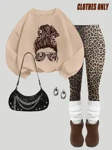 Girls' Retro Style Hoodie & Leopard Print Tights Set, Fall Winter Fitted Casual Wear, Perfect for Beach Vacation & Parties, Casual Fashion Set