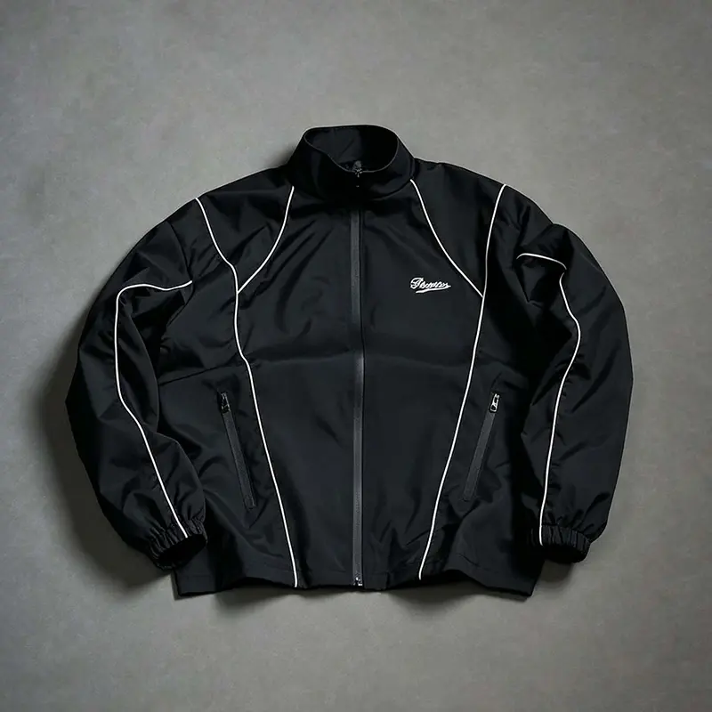 Contrast Piping Stand Collar Track Jacket Unisex Full Zip Front Letter Script Stamp Zipper Pockets Elastic Cuff Retro Sport Streetwear Lightweight Windbreaker Outerwear