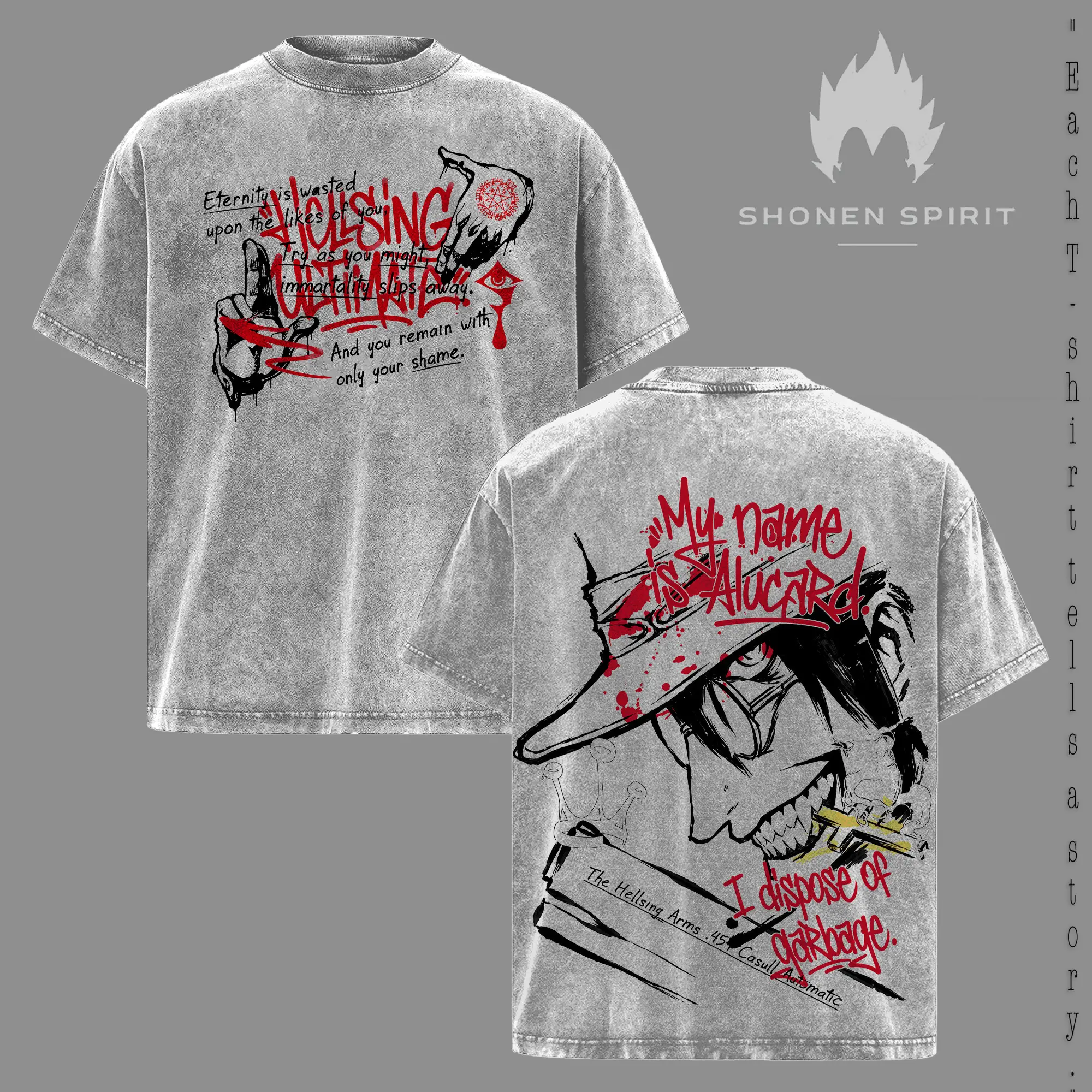 Alucard Hellsing Ultimate Graphic T-Shirt, Vampire King Anime Inspired Tee, Dark Immortal Antihero Artwork, Double-Sided Acid Wash Cotton Shirt, Oversized Streetwear, Gothic Manga Fan Apparel, Lightweight Casual Unisex Top, Collector Gift for Anime Fans